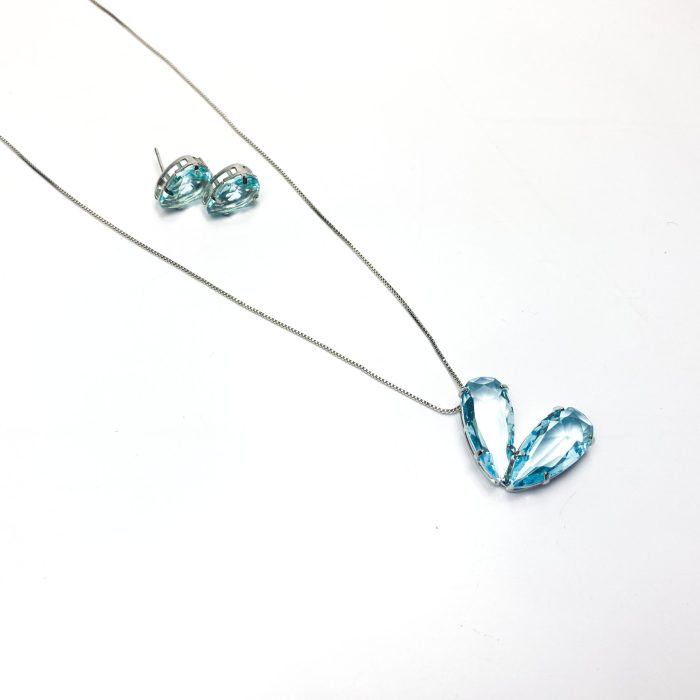 Conjunto de colar e brincos de pedras duplas azul em ródio